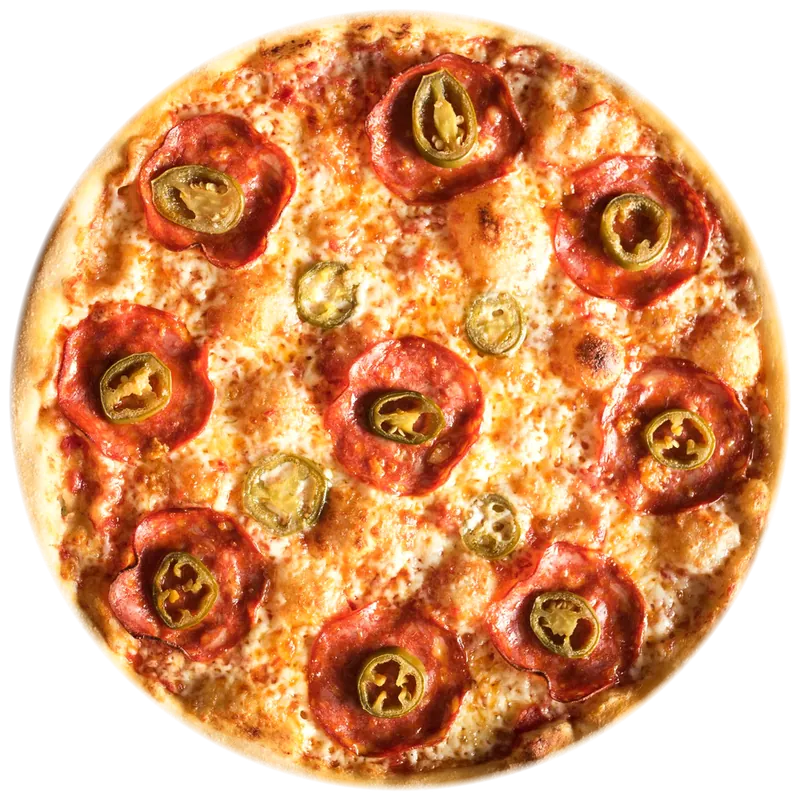 Pizza cu salam picant și ardei iute, văzută de sus