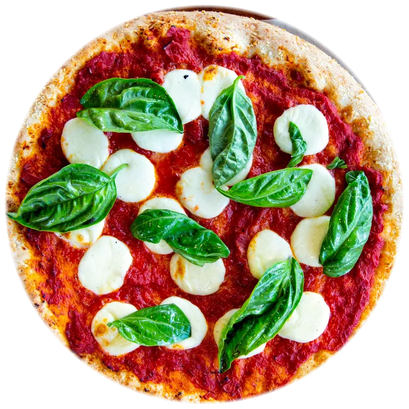Pizza margherita cu mozzarella și busuioc, văzută de sus